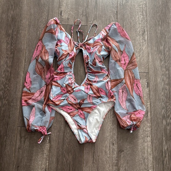 New V-Neck Printing Bandage Long Sleeve Siamese Swimsuit Bikini Pink Large - Picture 3 of 5